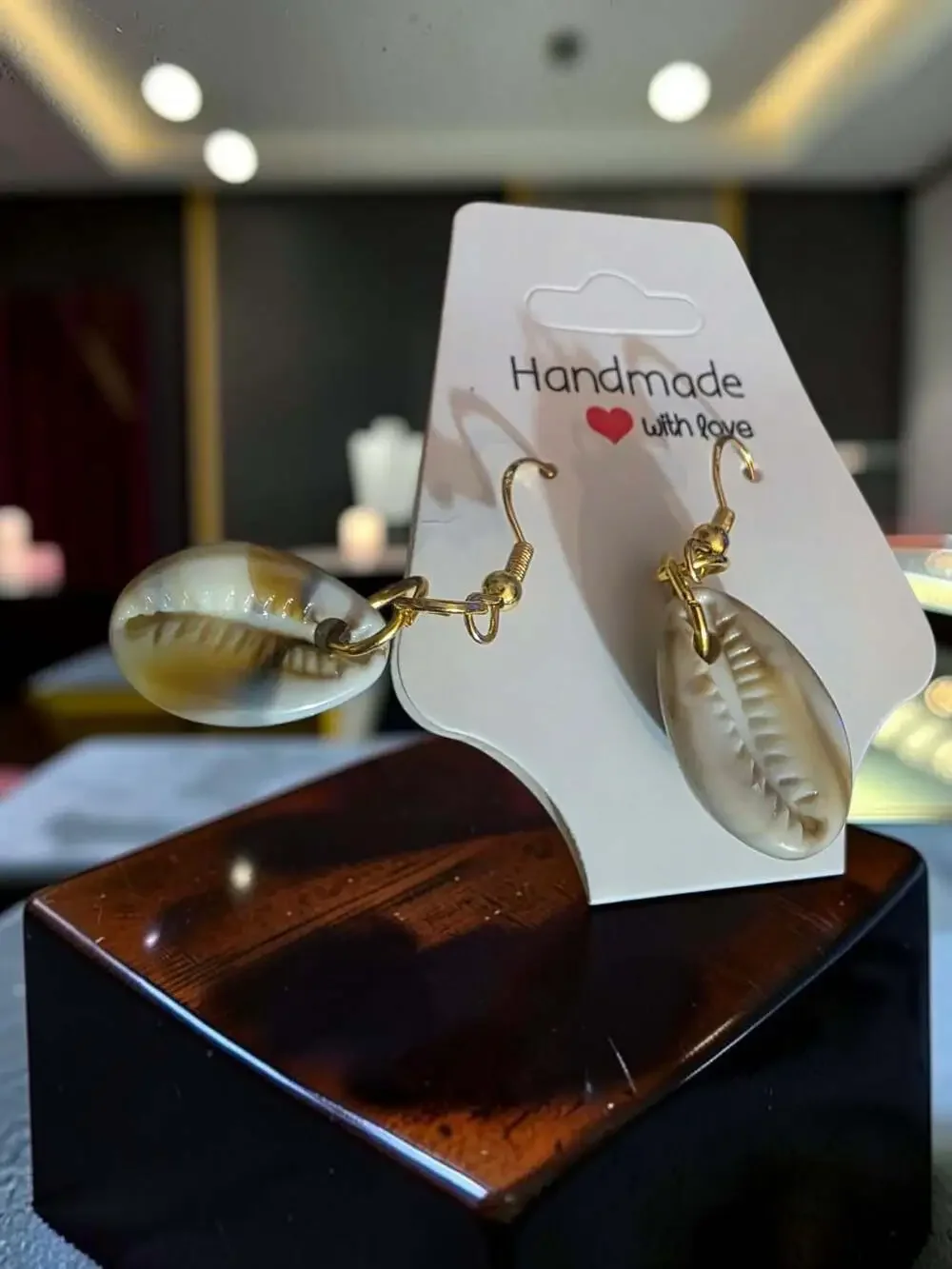 Handmade Natural Cowrie Shell Dangle Earrings with Gold Tone Hooks
